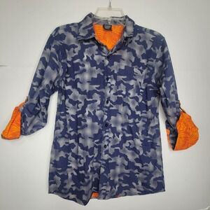 American Hawk Cotton Button Down Boy 16 Blue Camo Tropical Roll Tab Skater Shirt